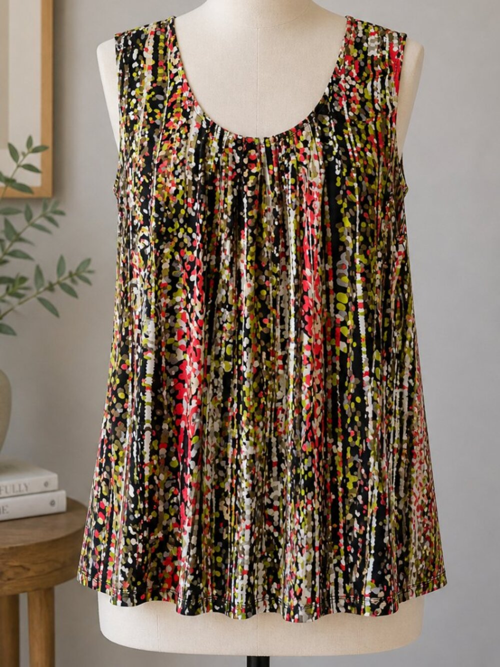 Kasper XL Sleeveless Blouse Multicolor Abstract Print Pleated Front Top